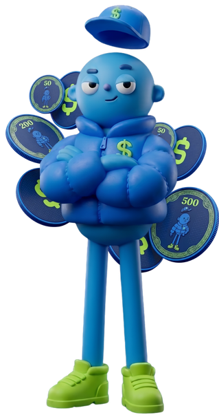 Hack, la mascota de Money Hack$, con monedas de la marca