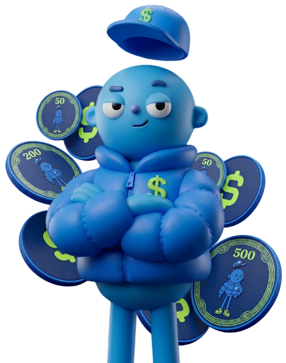 Hack, la mascota de Money Hack$, con monedas de la marca